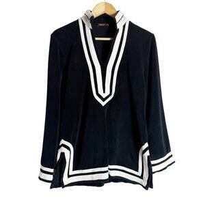 525 America Black White Trim Long Sleeve Split Neck Tunic Sweater Size M
